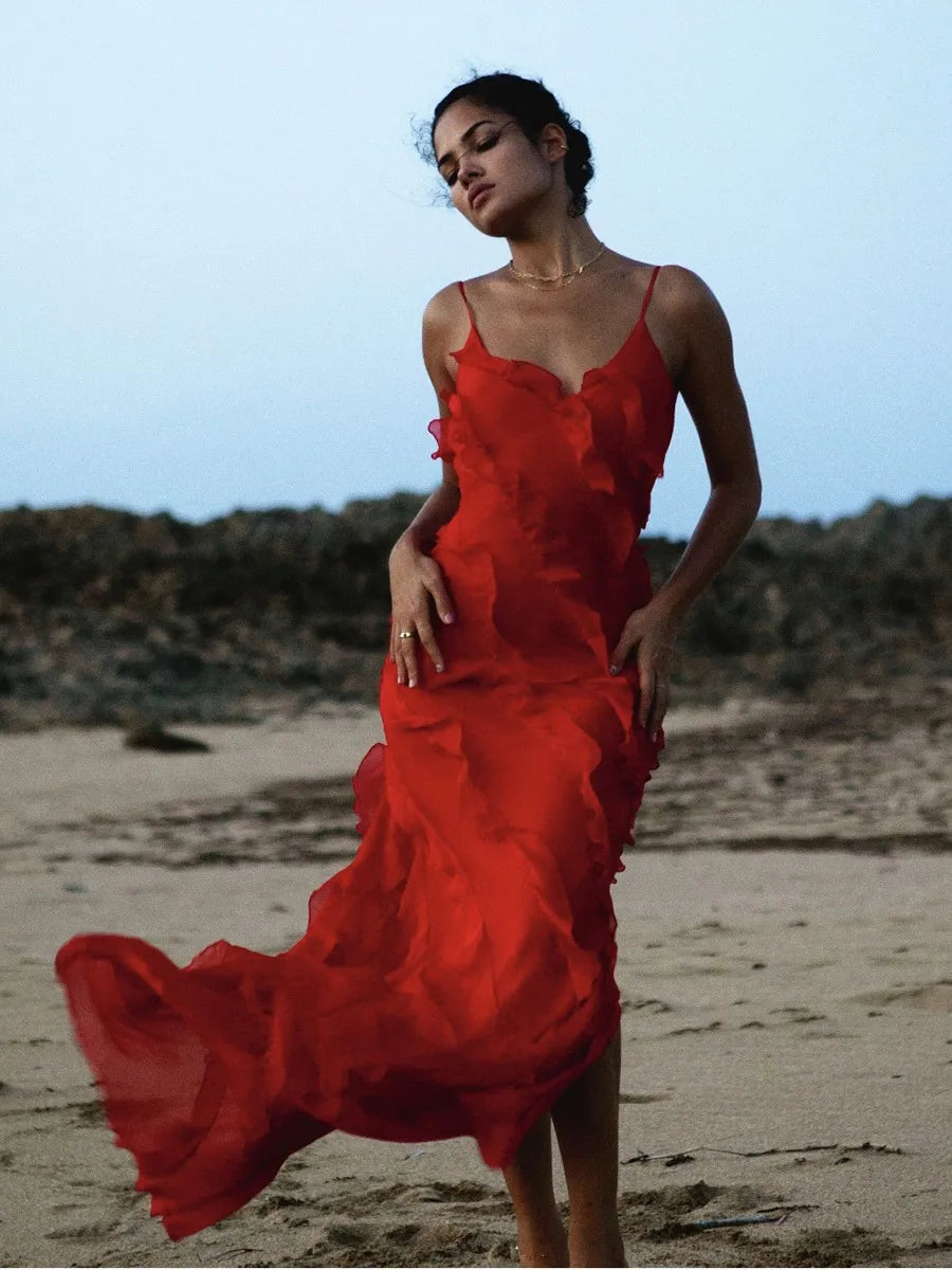 Ruffle Backless Maxi Dress New Vneck Sleeveless Suspender Slit Long Dresses Evening Party Dress