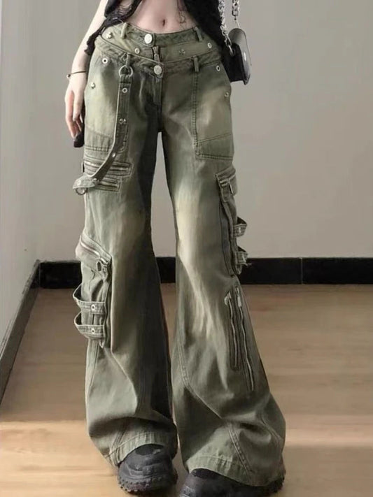 Zipper Cargo Denim Pants Hip Hop Retro Loose Pockets Straight Wide Leg Jeans Y2k Causal Female Trousers