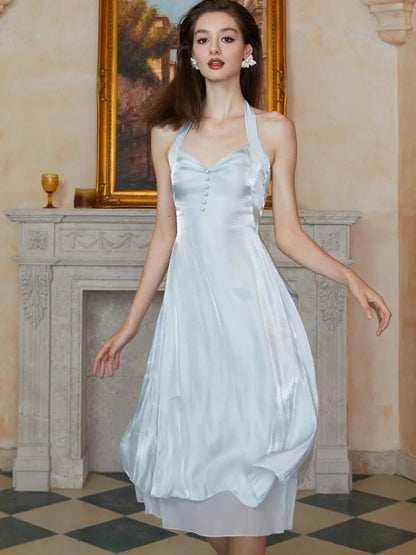 Summer Dress Halter Stain Slim Female Backless Party Clothing French Style Lady Aline Vestidos Midi Dresses