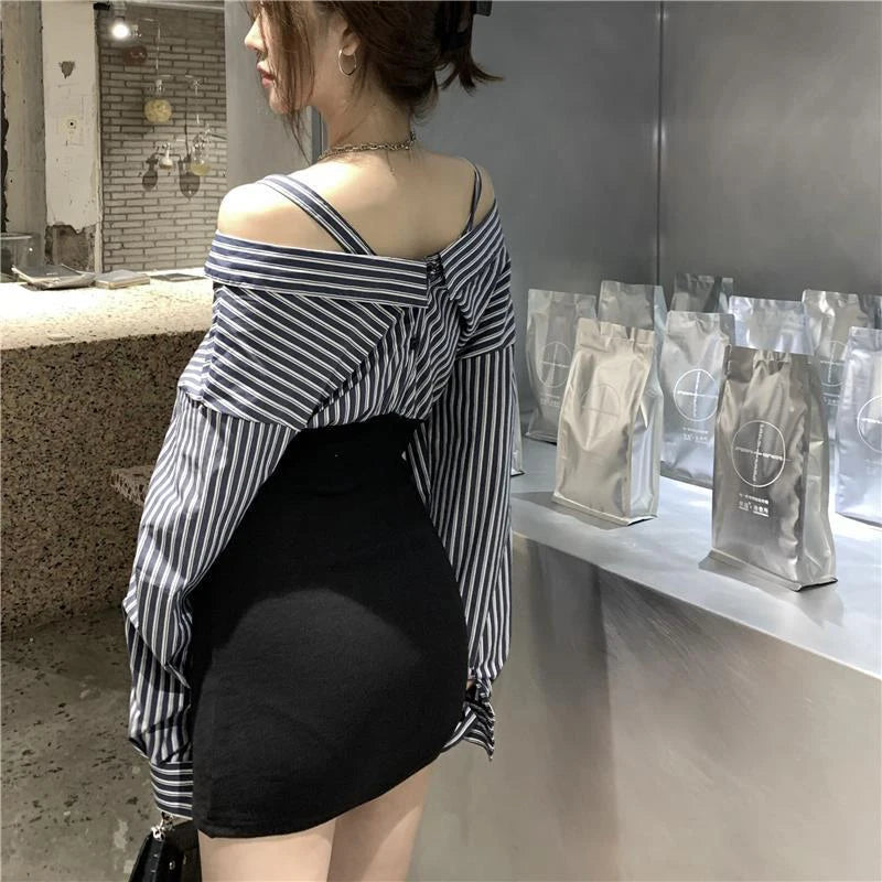 Slash Neck Mini Dress Korean Striped Patchwork Hip Wrap Dresses Long Sleeve Bodycon Design Vestidos New