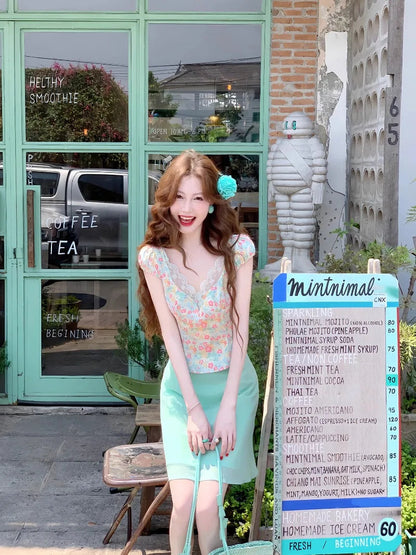 Suit Summer Lace Shortsleeved Tshirt High Waist Kneelength Skirt Twopiece Set Female Clothes