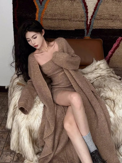 Autumn Winter New Knitted 3-piece Skirt Set Long Cardigan Strapless Crop Top Mini Skirt Y2k Korean Knitwear New