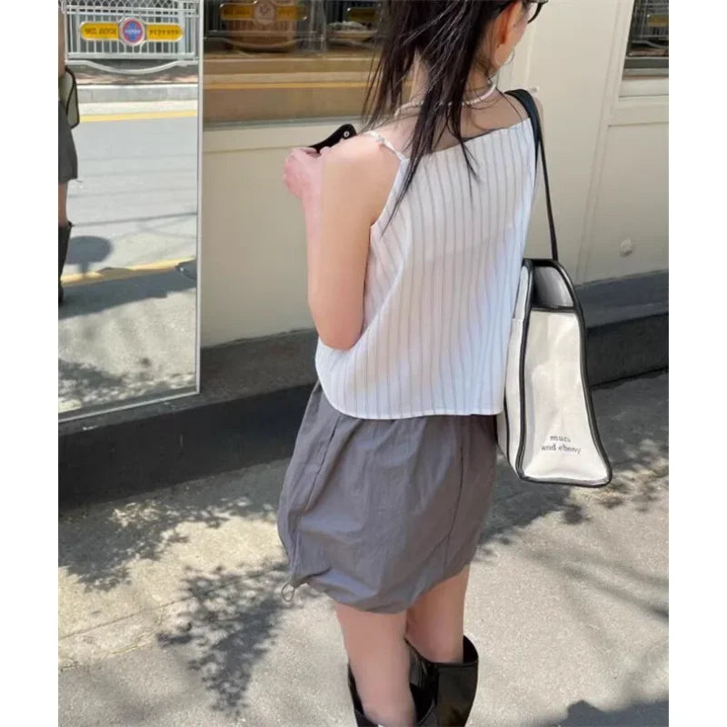 Summer Korean Retro High Street Drawstring Gray Nylon Low Waist Mini Skirt Skirt