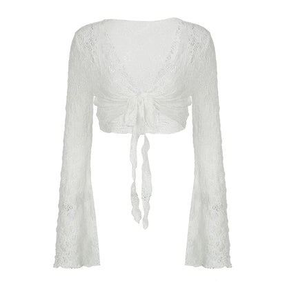 Trumpet Sleeves Sunscreen Cardigans Y2k V Neck Cropped Top Knitted White Lace-up Tee Shirt