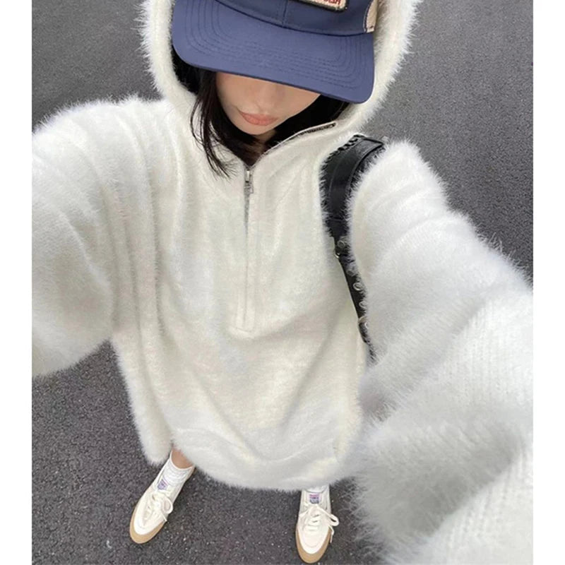 Mohair Hooded Sweater Oversized White Knitted Pullovers Korean Long Sleeve Knitwear Winter Zipper Jumpers