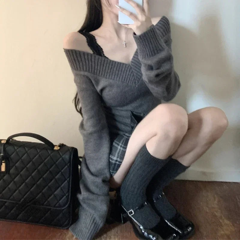 Autumn New Loose Longsleeved Sweater + Plaid Skirt + Lace Splicing Black Camisole Threepiece Suit
