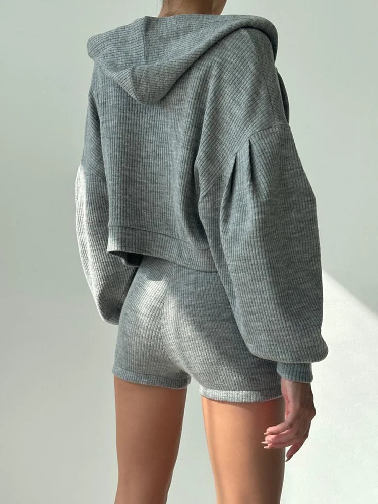 Sporty Style 3 Piece Set Cotton Halter + Cotton Short +cotton Hoodies ��s Causal Simple Knitter Suits Classical
