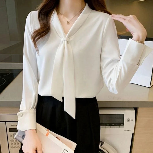 Spring Summer Style Blouses Shirts Lady Long Sleeve Bow Tie Collar White Color Blouses Shirts Df4989