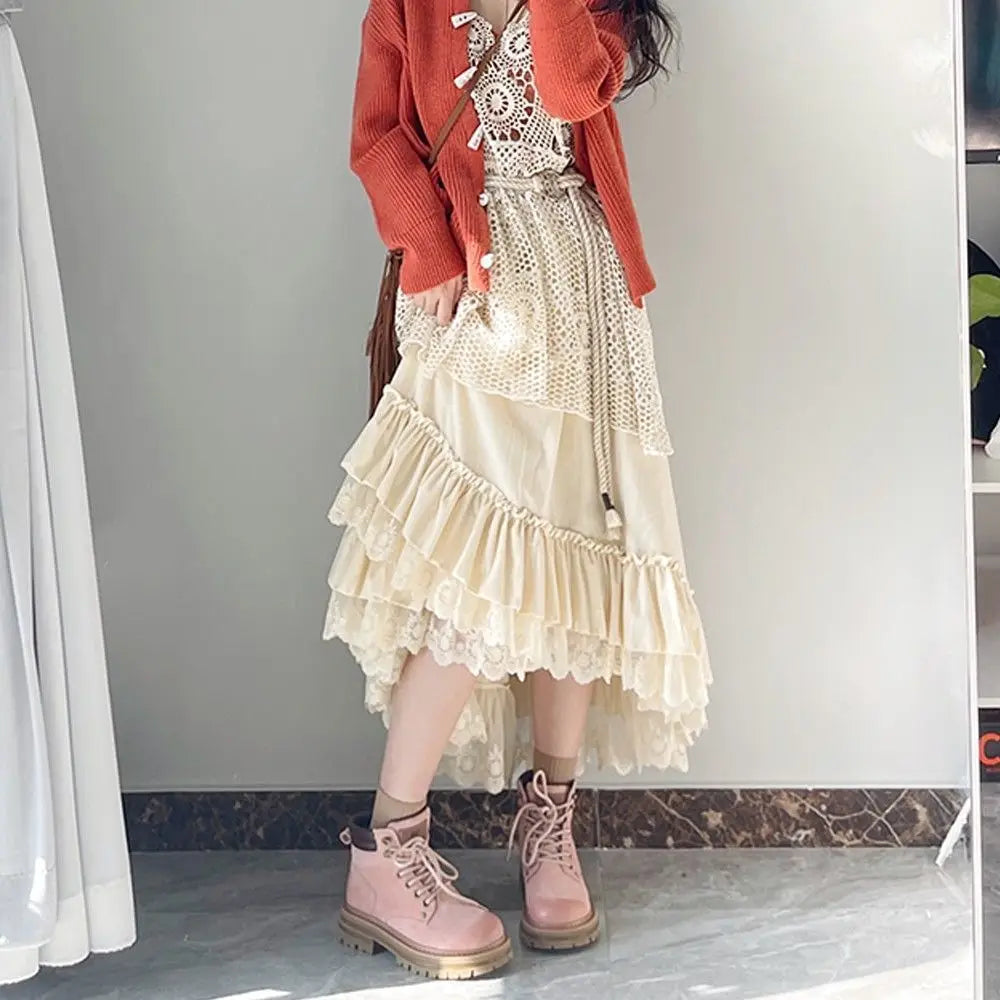 Autumn and Winter Forest Style Lace Splicing Thick Velvet Long Skirts for High Waist Aline Cake Skirt