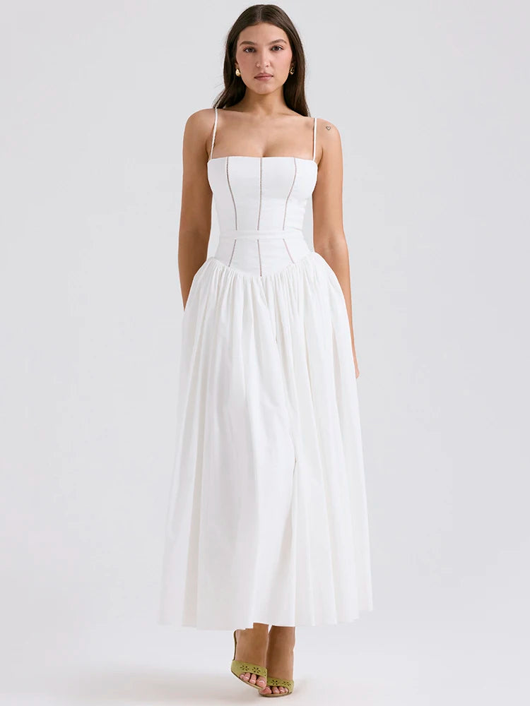 White Spaghetti Strap Backless Midi Dress
