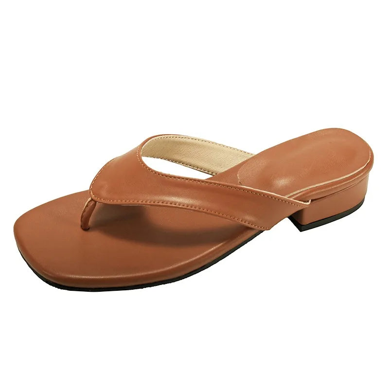 Summer Thin Low Heels Slippers Round Clip Toe Beach Sandals Flip Flops Shoes Zapatos De Mujer