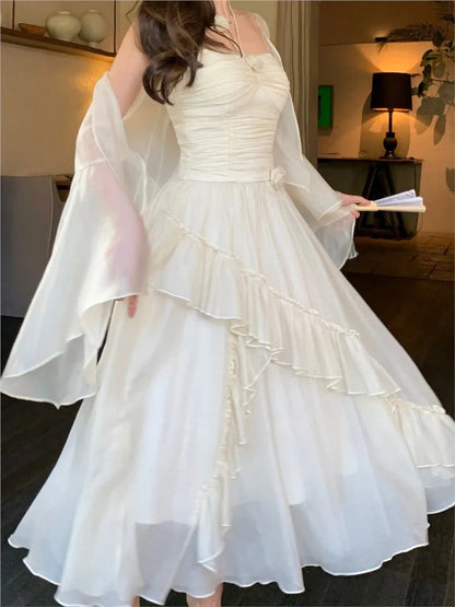 Summer French Midi Dresses Folds Ruffle Party Prom Robe Fairycore Neck Mounted New Dress