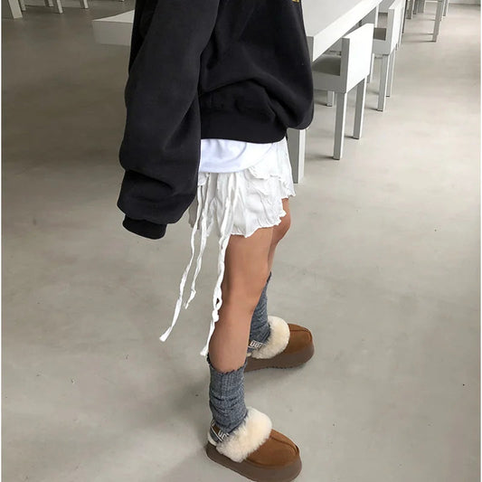 Summer Korean Retro High Street Low Waist Irregular Pleated Lace Up Short Skirt Skirt