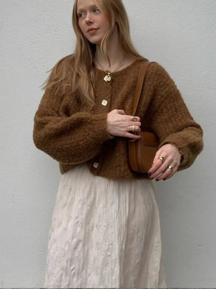 Brown Single Breasted Knitwear O Neck Long Sleeves Loose Sweater New Lady Office Cardigan