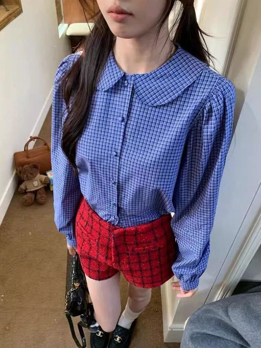 Blue Plaid Shirt Kawaii Peter Pan Collar Blouse Female Preppy Style Puff Sleeve Top With Teen Girl Spring Clothes