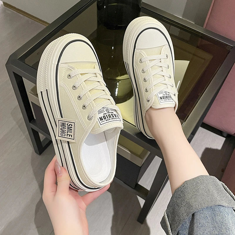Canvas Platform Wedge Thick Slippers Lace Up Chunky Sneaker Comfy High Brand Breathable Summer Heightening Shoes