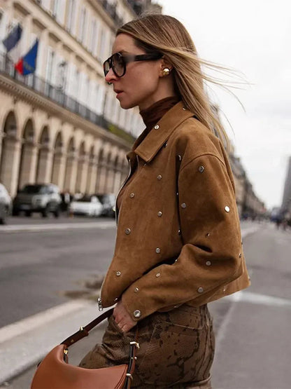 Metal Buckle Short Jacket Lapel Long Sleeves Zipper Cropped Coat Autumn New Female High Street Outwear