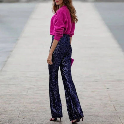 Spring Glitter Sequin Shiny Party Pants High Wiast Slim Flare Trousers New Autumn Straight Pant