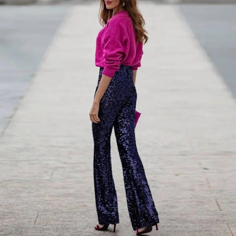 Spring Glitter Sequin Shiny Party Pants High Wiast Slim Flare Trousers New Autumn Straight Pant