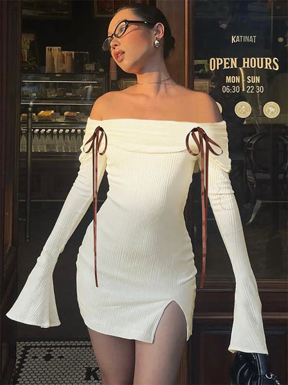 Backless Lace-up Slim Mini Dress Ribbed Long Sleeve Off-shoulder Summer Dress Female Party Dress New