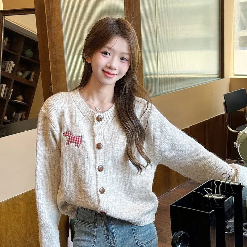 Korean Print O Neck Long Sleeve Cardigan Sweater Autumn Winter Retro Single Breasted Knitwear Tops Popular