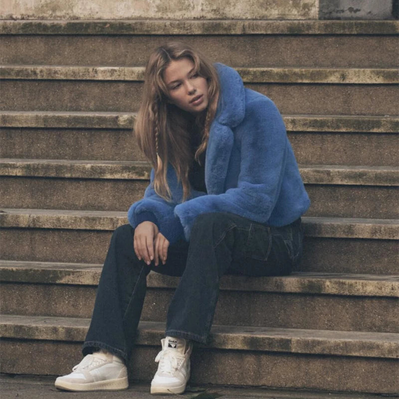 Ins Street Blue Cropped Plush Fur Coat Winter New Trend Faux Rabbit Fur Jacket Coats Short Outwear