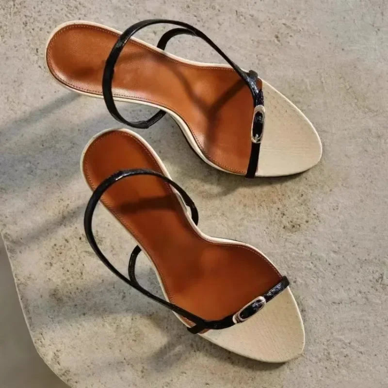Designer Buckle Open Toe Slip on Back Strap Sandals Summer Black White High Heels Wedding Prom Shoes Zapatos Mujer