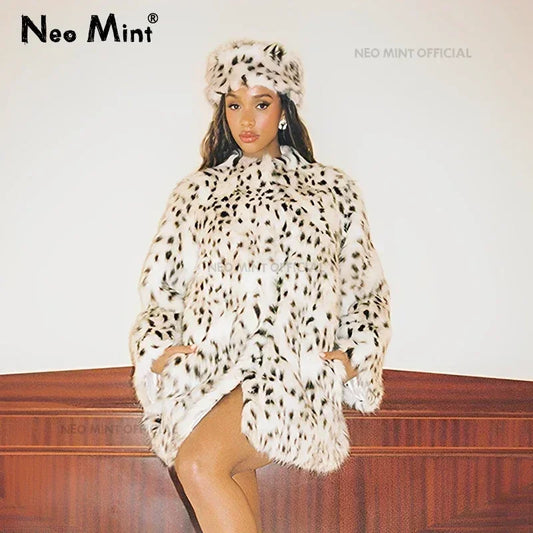 Winter Brown Leopard Fluffy Faux Fur Coat Stand Fur Collar Fox Fur Outerwear Jacket Female Overcoats