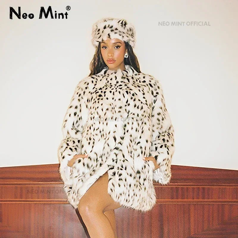Winter Brown Leopard Fluffy Faux Fur Coat Stand Fur Collar Fox Fur Outerwear Jacket Female Overcoats