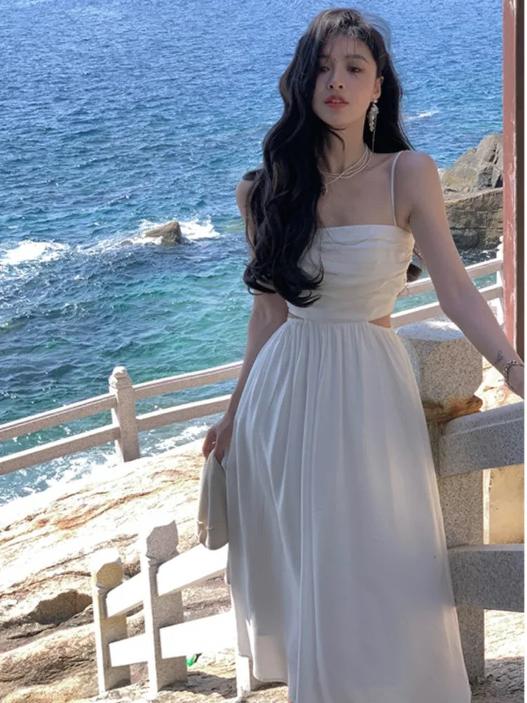 White Suspender Long Dresses for New Summer Hollow Out Expose Waist Clothes Beach Vacations Female Dress