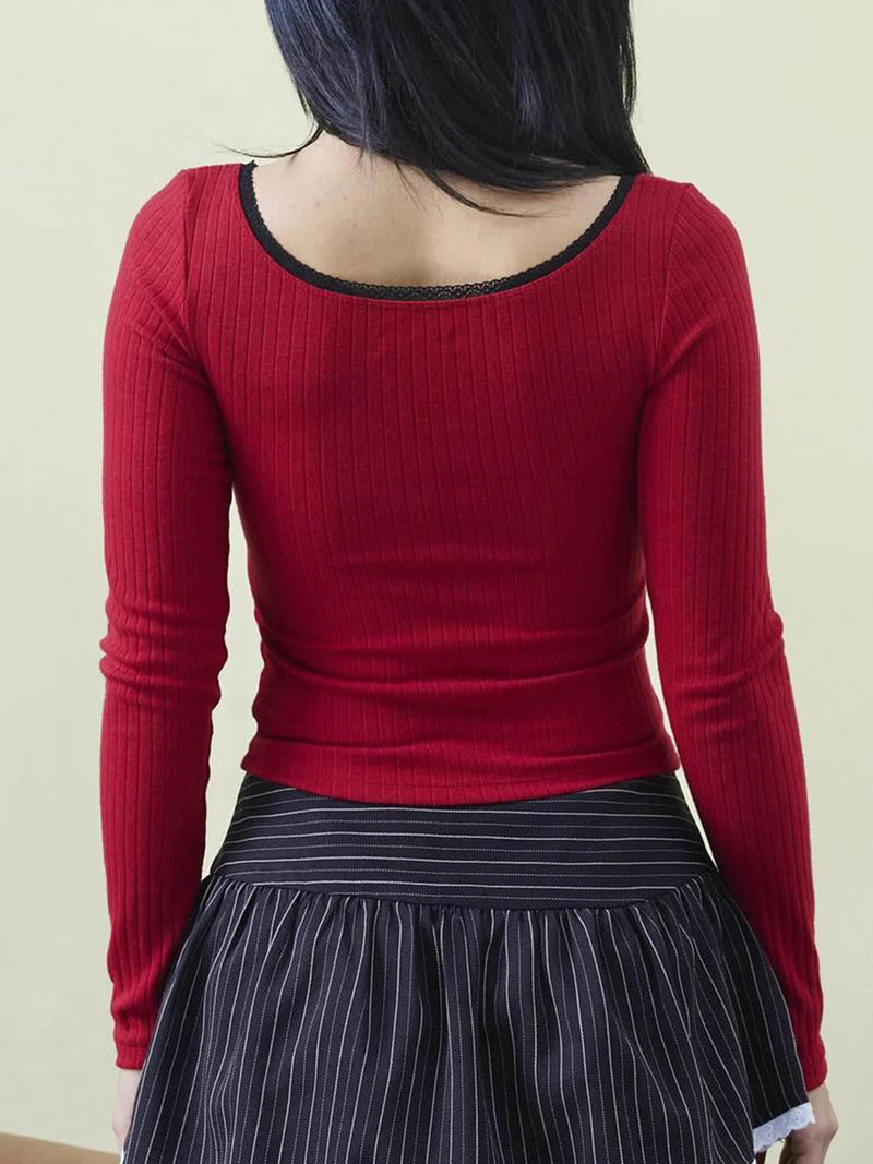 Christmas Knitted Lace Trim Square Collar Long Sleeves T-shirts Sweet Festive Atmosphere Blouses