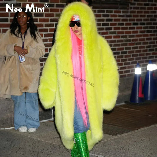Brand Runway Long Hooded Faux Fur Coat Jacket Ins Nicki Minaj Neon Green Chunky Overcoat Outerwear