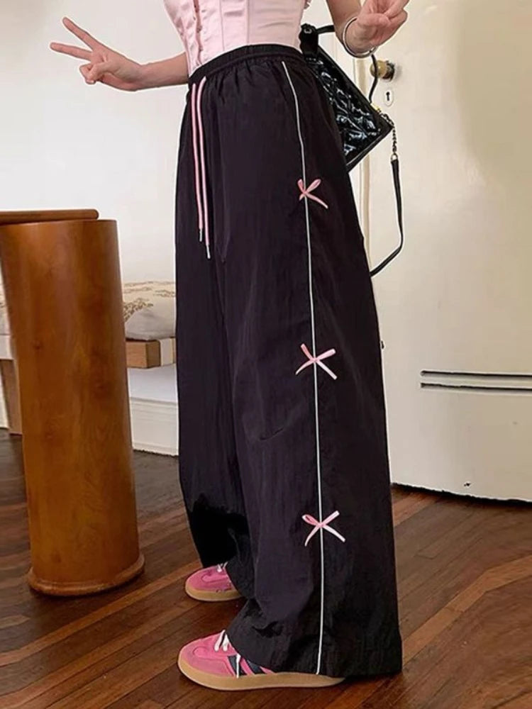 Black Baggy Sports Pants Y2k Bow Drawstring Straight Wide Leg Sweatpants Hip Hop Causal Kpop Mujer Bottoms
