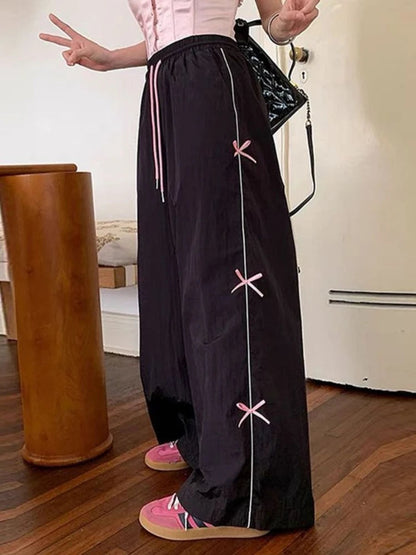 Black Baggy Sports Pants Y2k Bow Drawstring Straight Wide Leg Sweatpants Hip Hop Causal Kpop Mujer Bottoms