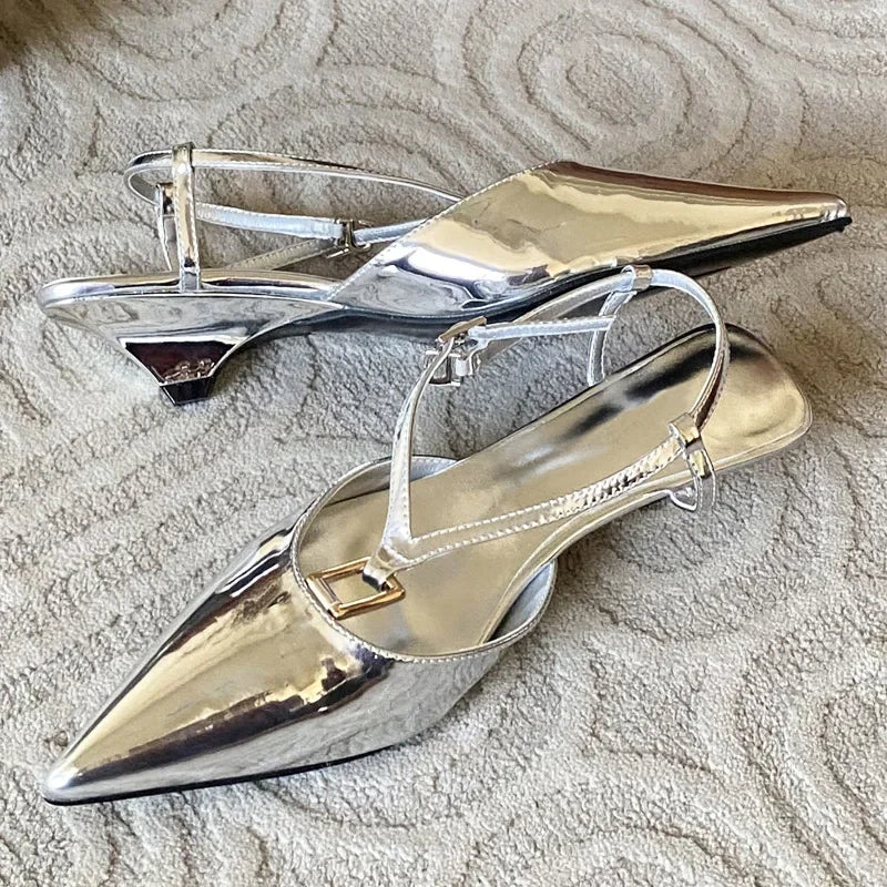 Spring Square Buckle Strap Pumps Sandals Thin Low Heels Pointed Toe Slingback Shoes