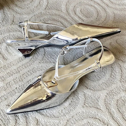 Spring Square Buckle Strap Pumps Sandals Thin Low Heels Pointed Toe Slingback Shoes