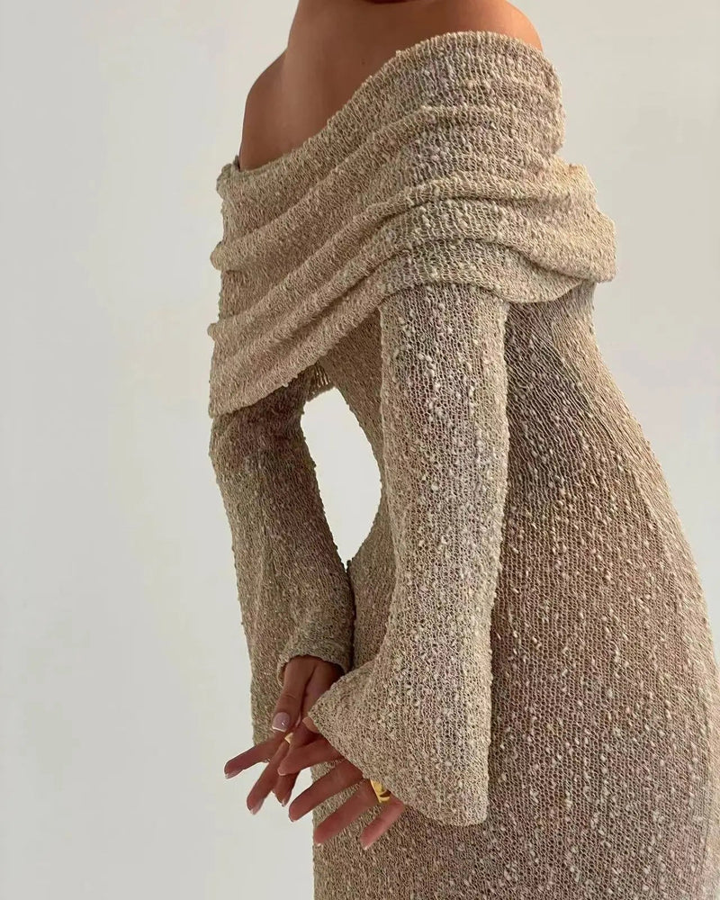 Summer Slash Neck Sunscreen Maxi Dress Long Sleeve Bodycon Knitted Vestidos Female Holiday Beachwear