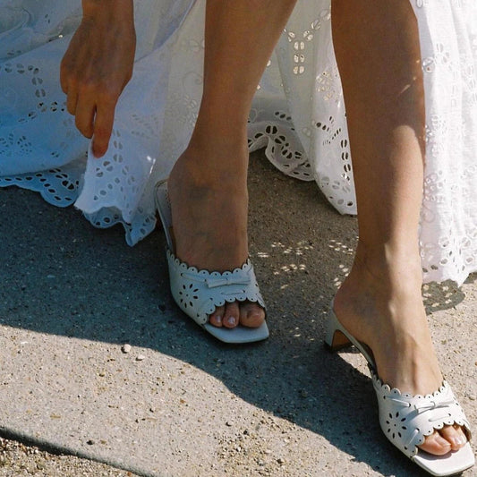Square Toe Toe Hollow Mules Block Thin Heels White Bow Shoes for Bride Wedding Slip on Comfort Dress Slippers