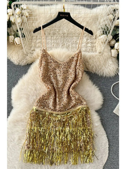 French High End Strap Glitter Camisole Dress Female Spicy Girl Slimming Tassel Splicing Sleeveless Aline Midi Dress for