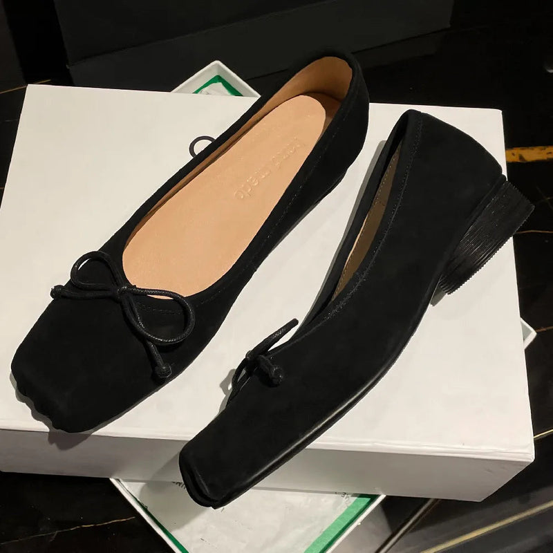 Natural Suede Leather Square Toe Slipon Ballet Flats Sweet Bowtie Female Ballerians Soft Comfort Shoes for