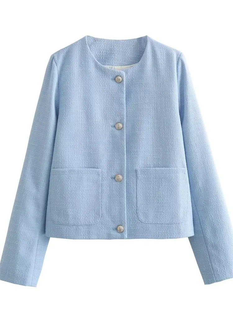 Autumn Patchwork Cardigan Sweater Scoop Neck for Pocket High Waist Outwear Female Coat
