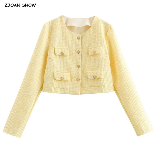 Autumn O Neck Yellow Plaid Tweed Coat Cropped Front Pockets Gold Buttons Short Blazer Jacket