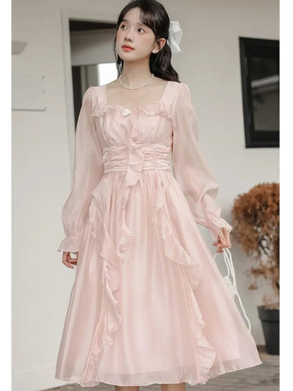 Pink Fairy Party Midi Dress Korean Style Sweet Vestidos Female Bubble Sleeve Evening Party Robe Autumn New