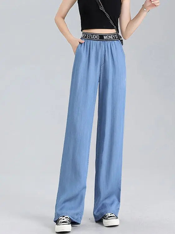 Lyocell Jeans Wide Leg Long Pants Straight Loose High Waist Sport Pants Female Office Trousers Lady Work Wear Thin