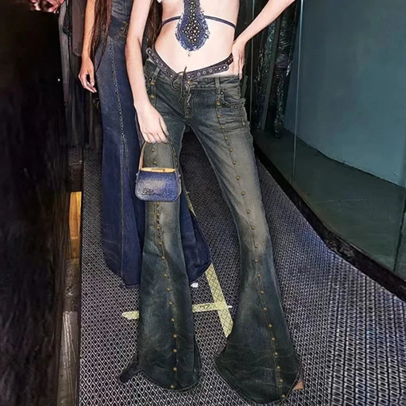 Distressed Y2k Flared Jeans Low Rise Rivet Stitching Cargo Pants 90s Grunge Denim Trousers New