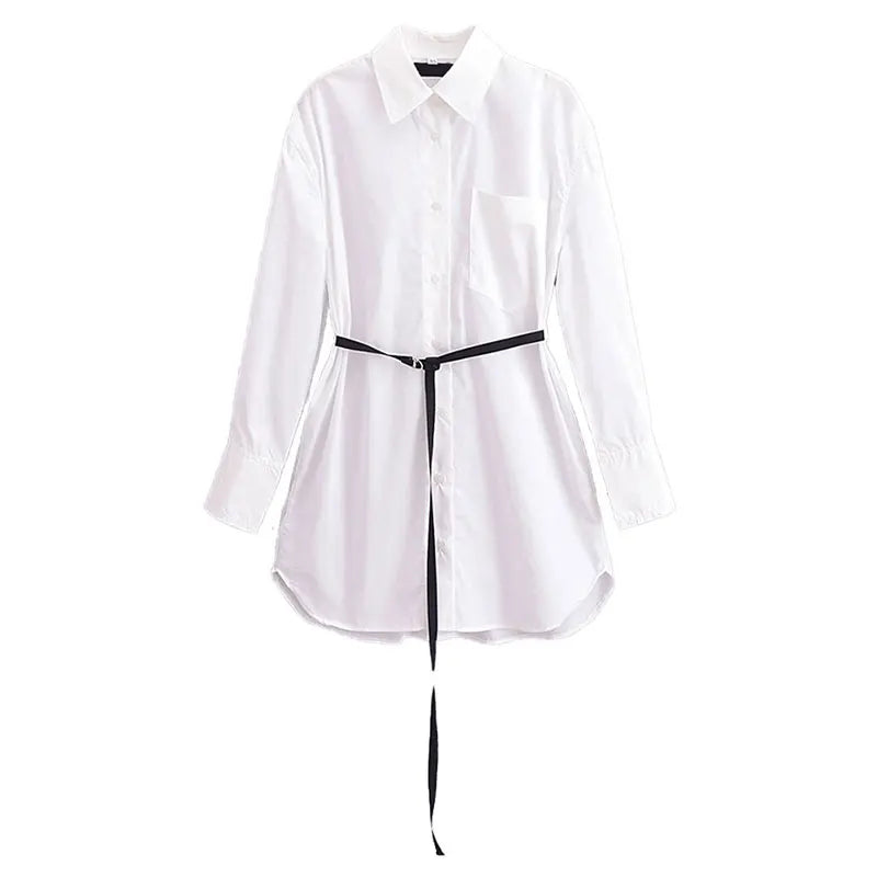 Spring Loose Blouses With Belt White Long Sleeves Shirt Top Buttons Female Lapel Shirt