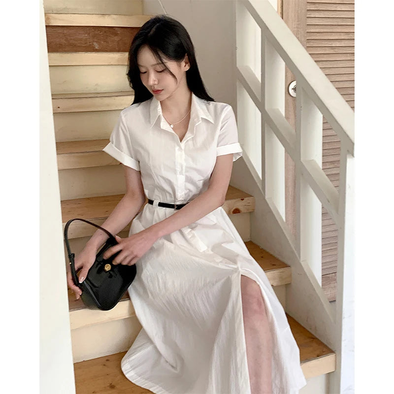 White Midi Dress With Belt Short Sleeve Shirts Dresses Summer Korean Aesthetic Single Breasted Vestidos