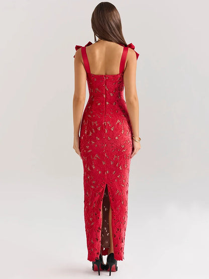 Bows Lace Maxi Dress for Sleeveless Backless Bodycon New Year’s Birthday Club Party Long Dress