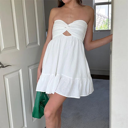 Strapless Dress Y2k Color Off Shoulder Sleeveless Ruffle Hem Mini Dress With Pockets Beach Party Dresses
