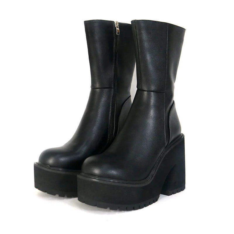Platform Chunky High Heeled Knee High Boots Cool Round Toe Sweet Heeled Boots Gothic Uniform Dress Shoes